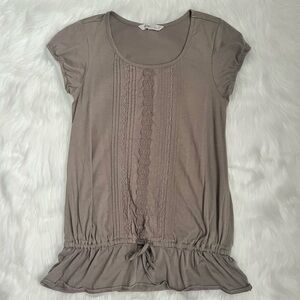 Old Navy Taupe Brown Lace Trim Top with Floral Detail & Elastic Sleeves